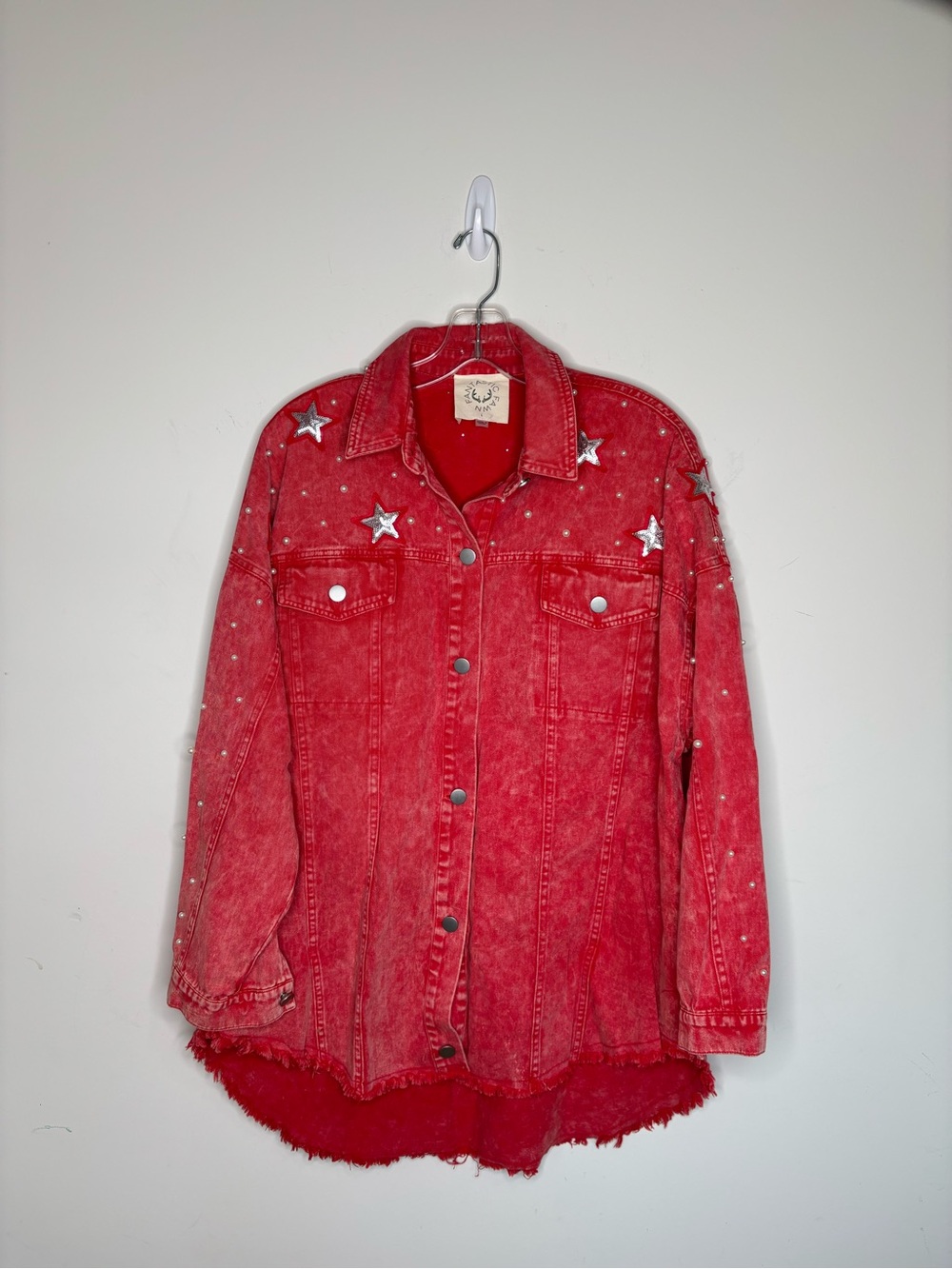 Fantastic Fawn Studded Denim Jacket Red Cotton Gameday Western Trucker Large